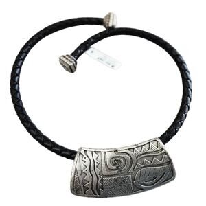 NEW Vintage Chico's Black Leather Metal Silver Choker Tribal Design Necklace